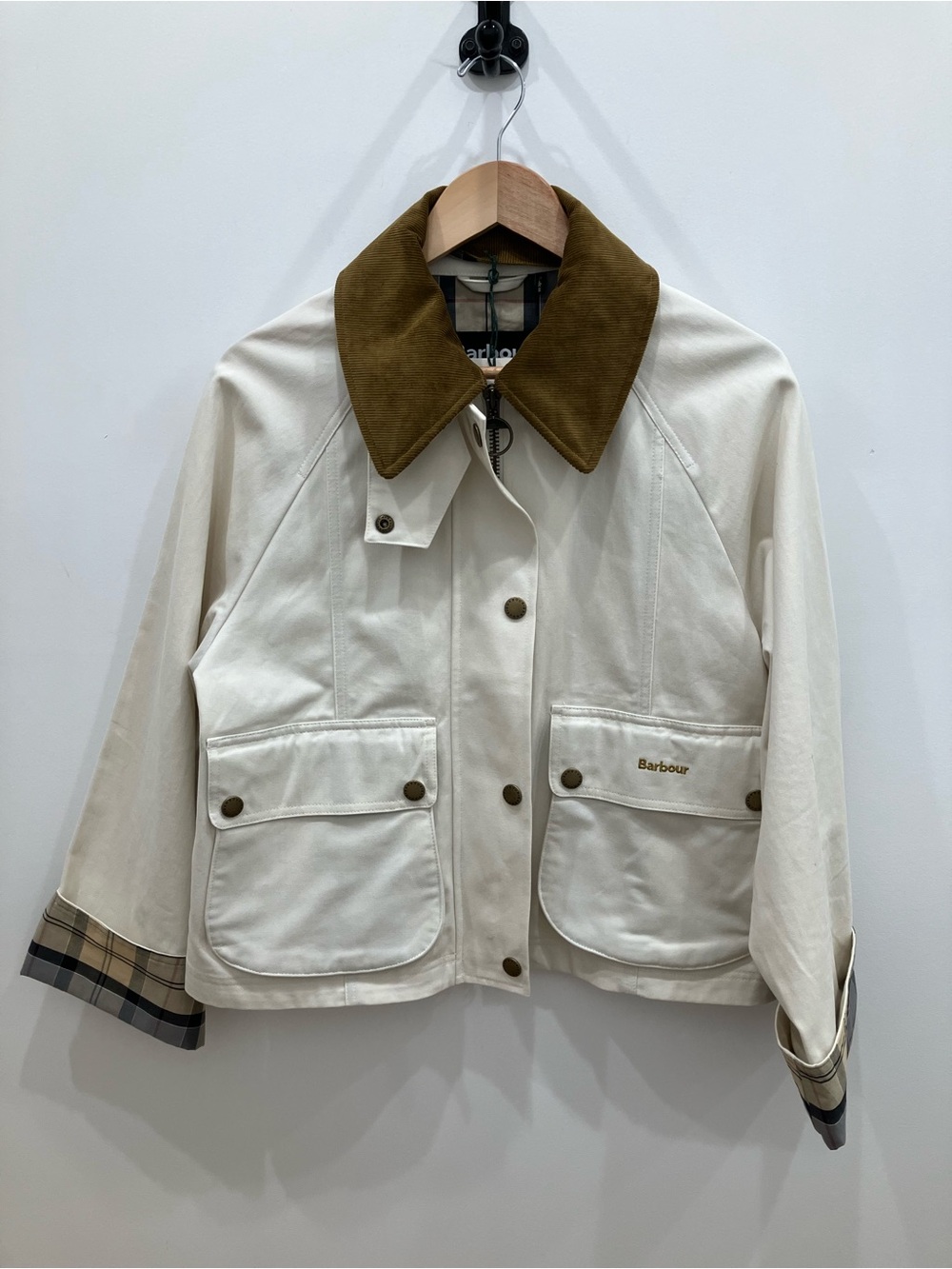 Barbour Cream Cropped Jacket with Olive Corduroy Collar